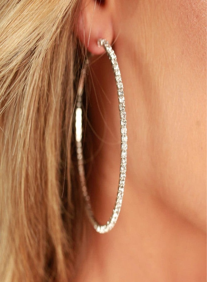 OOOPEL Large Rhinestone Hoop Earrings 925 Sterling Silver Post Cubic Zirconia Hoop Earrings Thin Rhinestones Round Hoop Earrings for Women Silver Hoop Earrings Sparkly Hoop Earrings with Crystals for Womens - Image 5